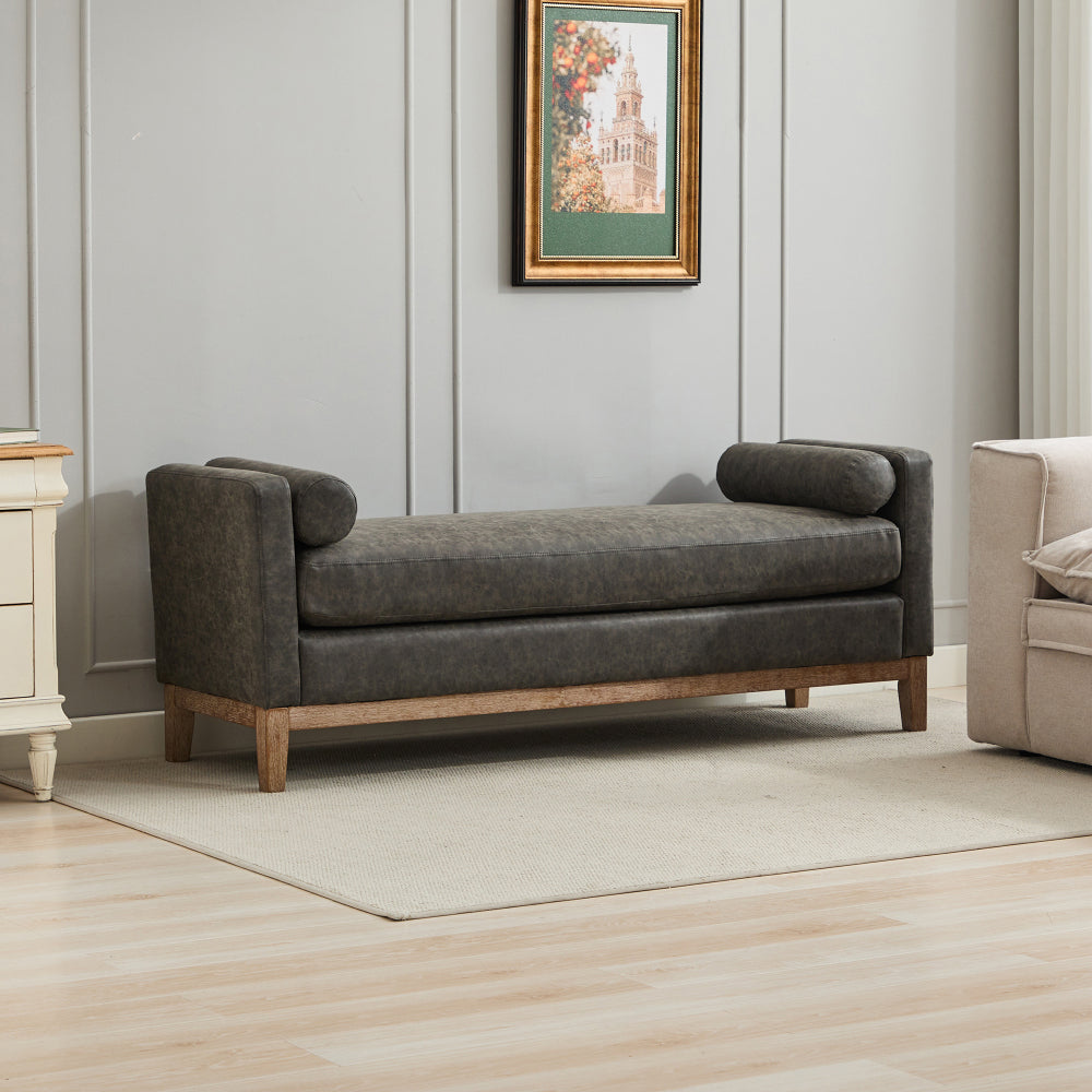 66.34"W Elegant Upholstered Bench,Daybed, Ottoman with Wood Legs & 2 Bolster Pillows for End of Bed, Bedroom, Living Room, Entryway,Ivory Boucle