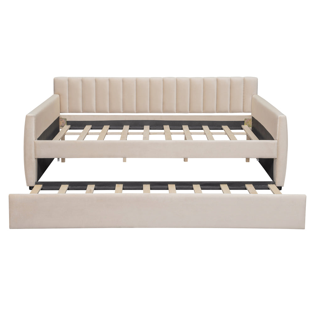 Full Size Upholstered daybed with Trundle and Wood Slat Support, Beige(Old SKU:LP000121AAA)