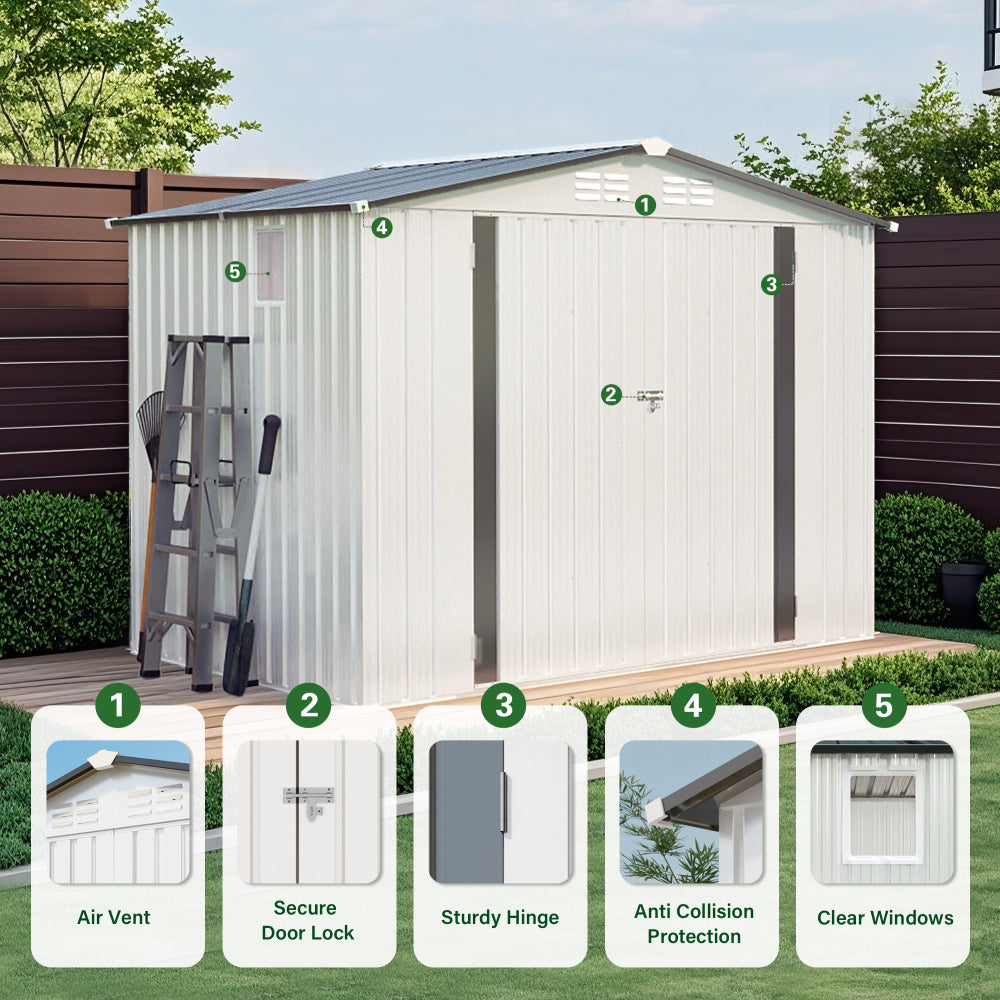 8X6 FT Metal Outdoor Storage Shed, Tool Shed with Pitched Roof Waterproof with Side Window and Lockable Door, Metal Tool Shed for Garden Tool Storage, Everyday Sundries and Bike Storage, White + Gray