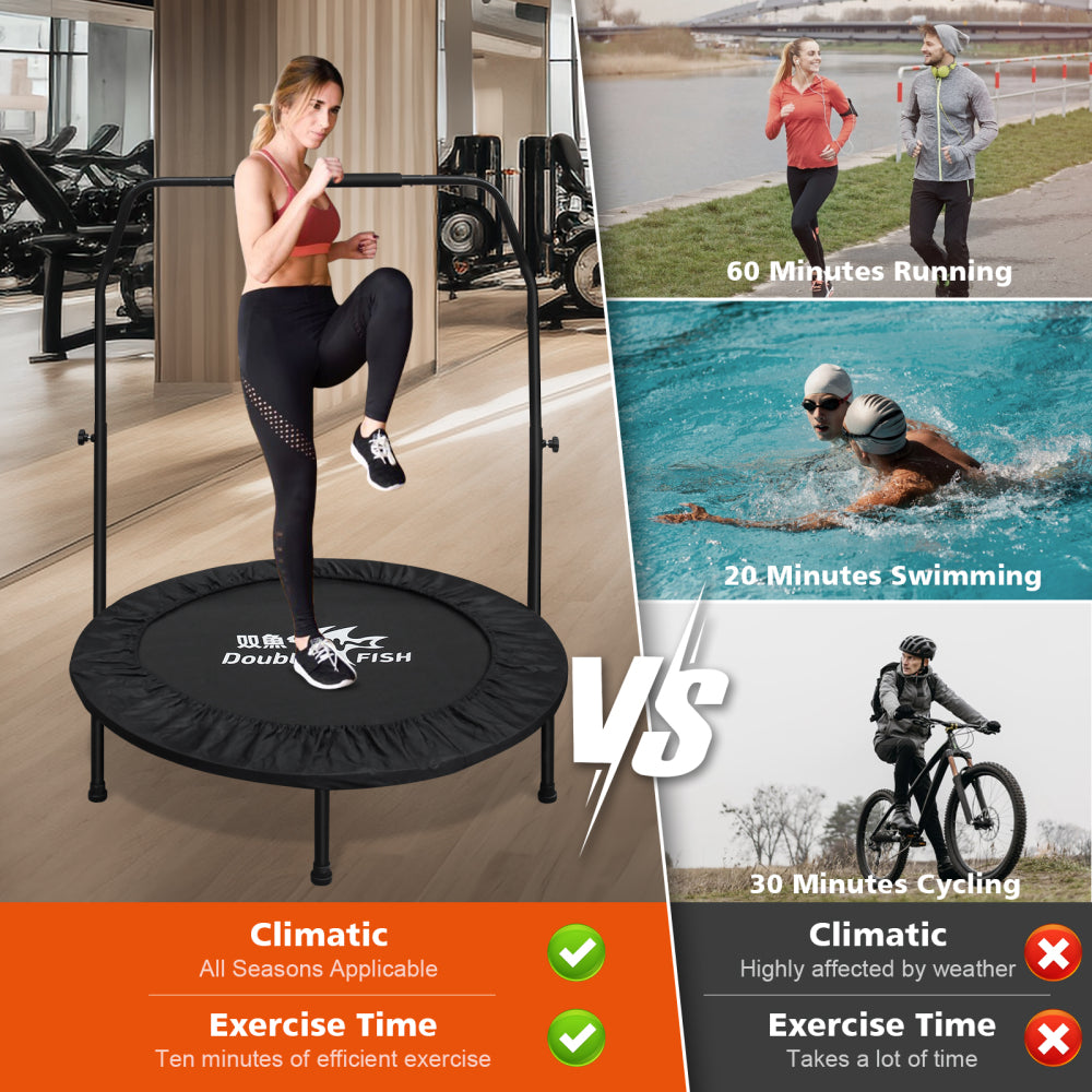 DOUBLE FISHHigh-Quality Adjustable Foam Handle 1 Mini Trampoline 40" - Supports Up To 400lbs, Black Rectangular Fitness Rebounder For Adults - Ideal For Indoor & Outdoor Workouts Eas