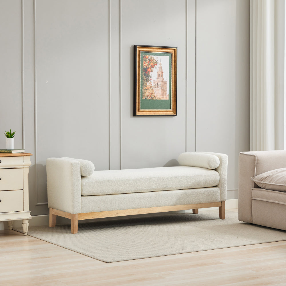 66.34"W Elegant Upholstered Bench,Daybed, Ottoman with Wood Legs & 2 Bolster Pillows for End of Bed, Bedroom, Living Room, Entryway,Ivory Boucle