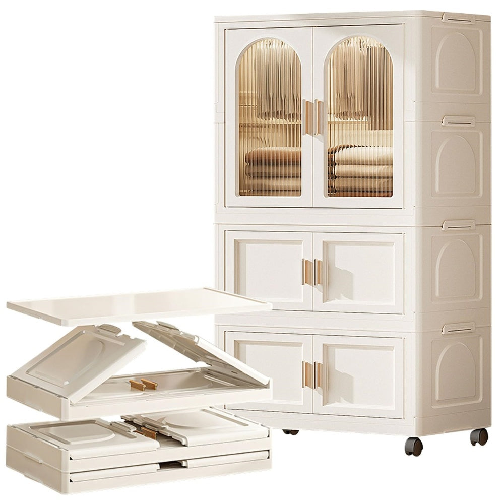 25.59" Side Wide Folding Wardrobe , 25.59"×15.75"×57.09", with Magnetic Door, Plastic Storage Cabinet with Wheels( one layer of wardrobe + two layers of folding boxes+10 hangers )