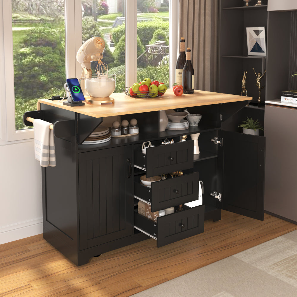 K&K 55.7'' Large Kitchen Island with 2 Drop Leaf,, Rolling Kitchen Cart on 5 Wheels with Power Outlet, Folding Storage Dining Table with Spice & Towel Rack , 3 Drawers, for Kitchen, Dining Room,Black