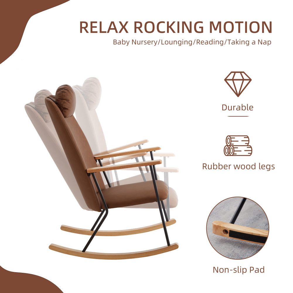 Adjustable Headrest Pillow Rocking Chair, Technical Leather Upholstered Glider Rocker with High Backrest, Modern Rocking Accent Chairs Comfy Side Chair for Nursery, Bedroom, Living Room (Brown)