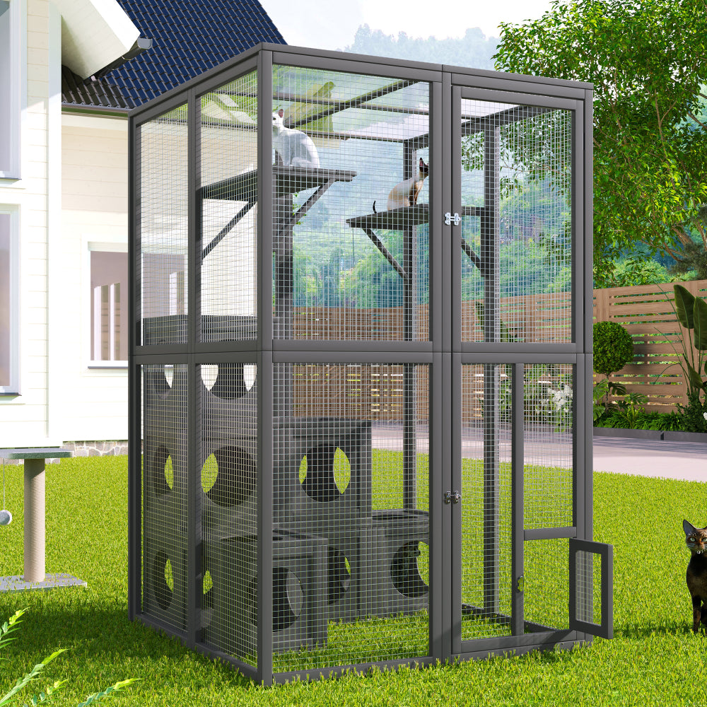 Catio Outdoor Cat Enclosure with Double Enter Doors, Grey Climbing shelves, Weatherproof Pine Wood Playground with 7 Freely Combination Wood Boxes
