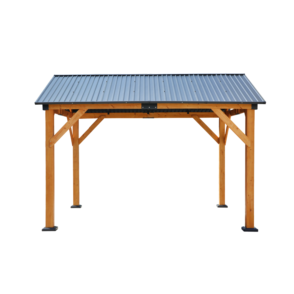Fir Wood Carport Pavilion Gazebo, Shade, Rain, Hard Top Steel Metal Roof, All Weather Protected, with Galvanized Steel Roof, Wooden Frame