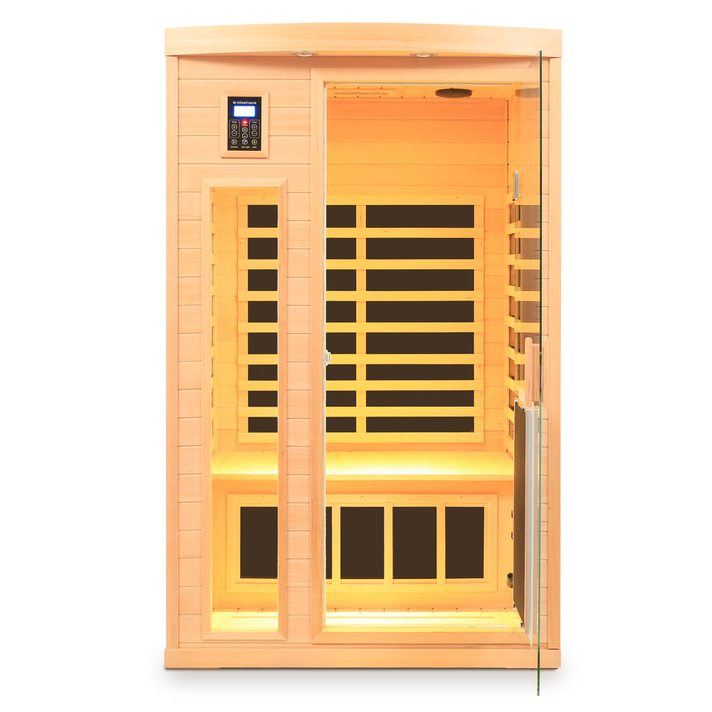 Low EMF Front door with heating panel Two Person Hemlock Far Infrared Indoor Suana Room