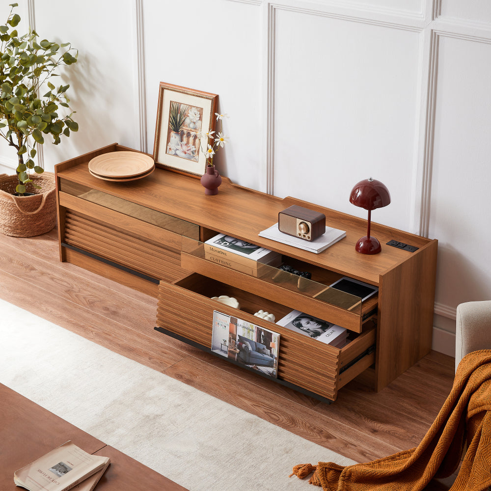 Mirod Modern TV Stand with Ample Storage,4 Drawer Design with Tempered Glass ,Built-in Charging Ports and Ambient LED Lighting ,Versatile for Any Decor Style