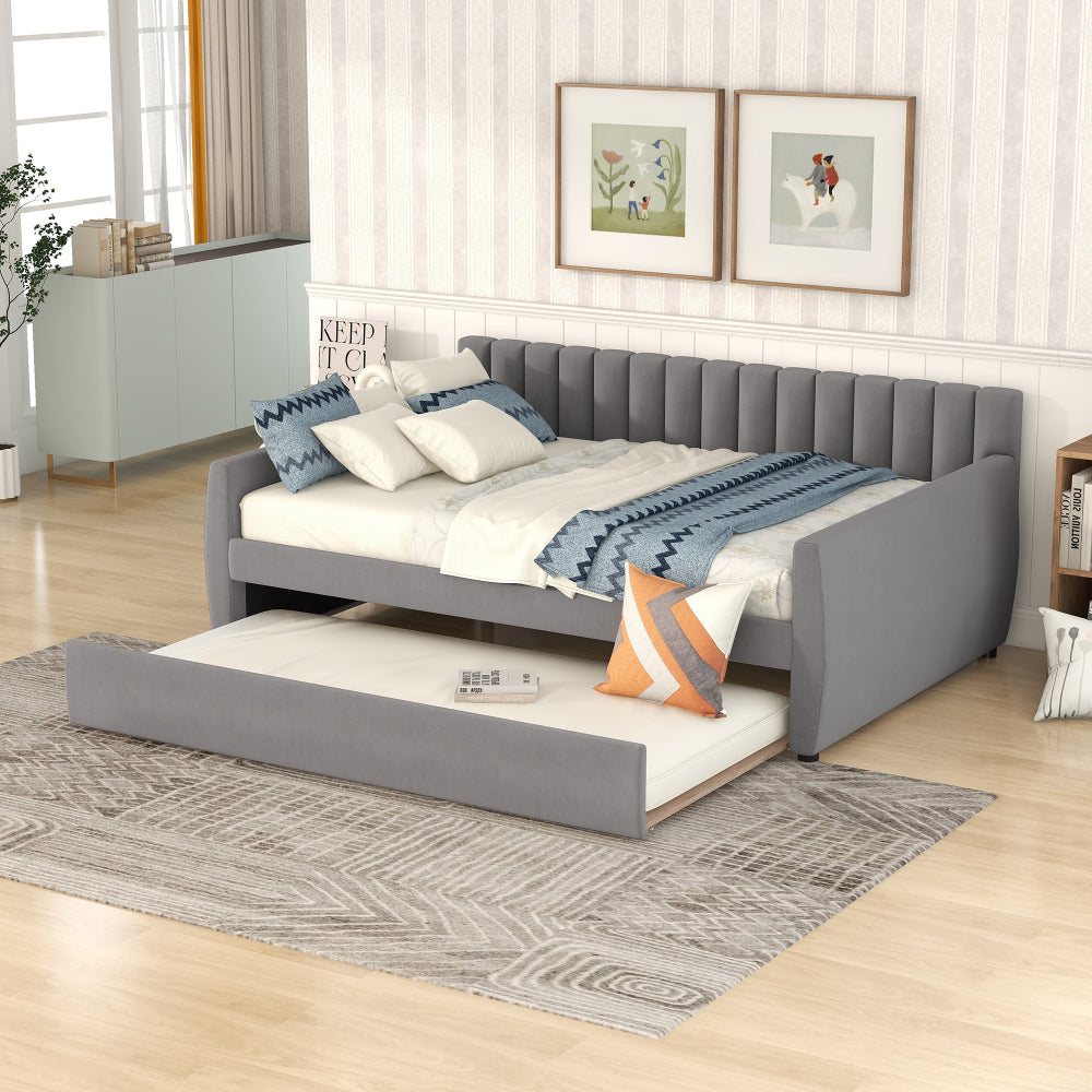 Full Size Upholstered daybed with Trundle and Wood Slat Support, Beige(Old SKU:LP000121AAA)