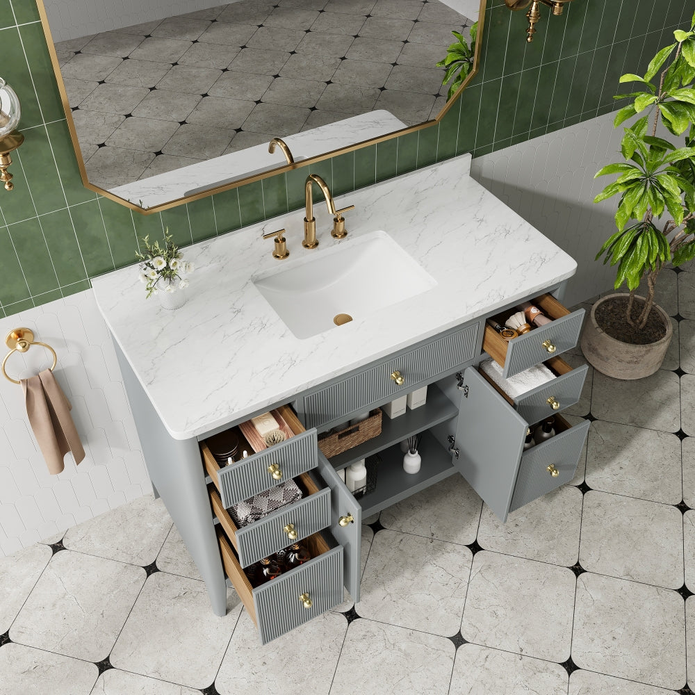 Fully Assembled 48'' Grey Freestanding Single Sink Bathroom Vanity with Solid Wood Construction and Engineered Marble Top