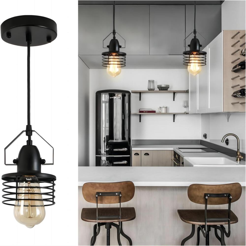 Industrial Pendant Lighting for Kitchen Island, Rustic Mini Cage Pendant Light, Farmhouse Pendant Lamp with Silver Grey Adjustable for Dining Room, Hallway, Entryway, Bedroom