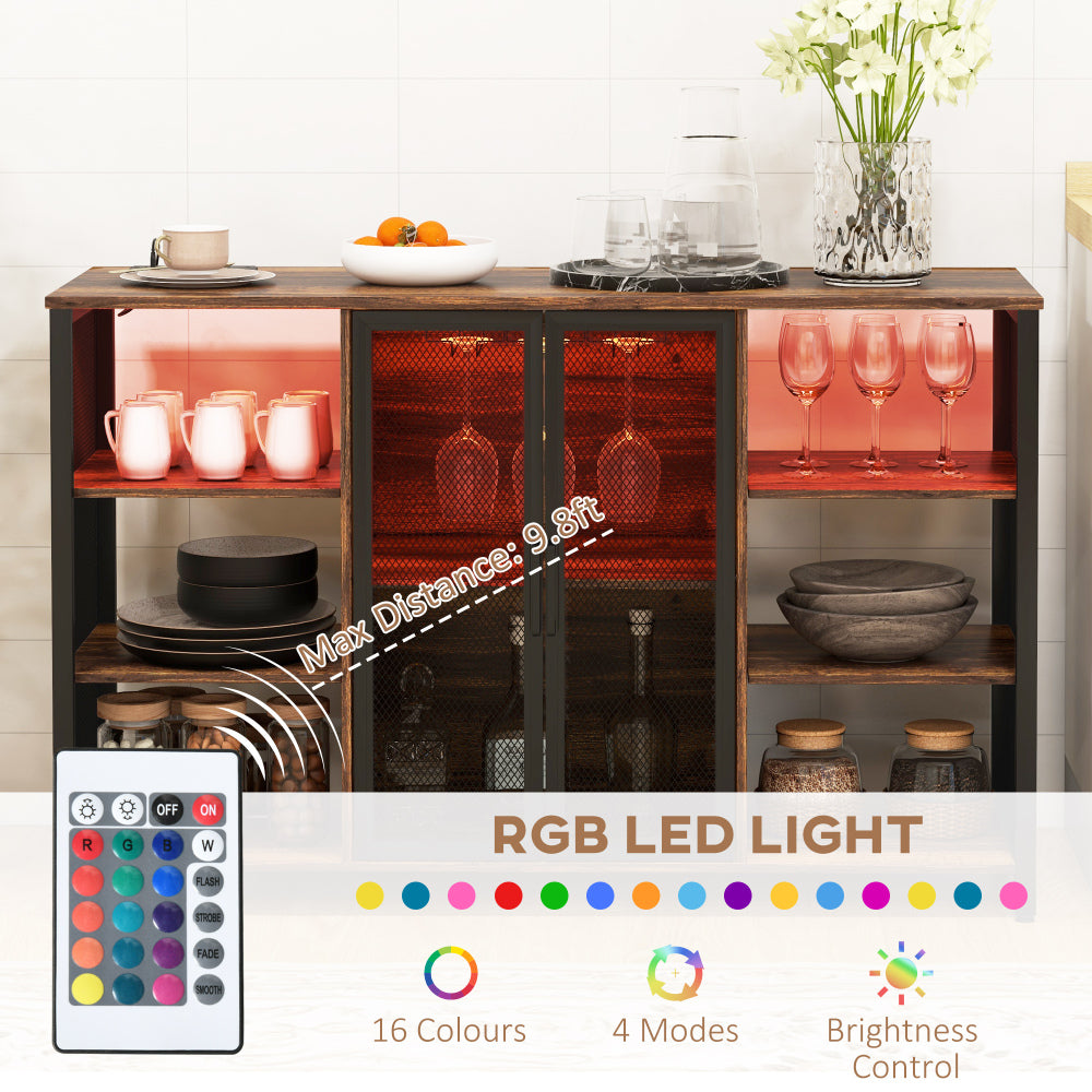 HOMCOM LED Wine Cabinet with Charging Station Glass Holders, Rustic Brown