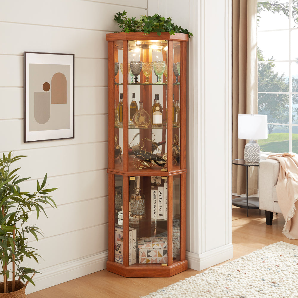 Lighted Corner Curio Cabinet - Elegant Glass Display Case for Living Room & Bar Storage - Perfect for Antique Collections & Wine - Includes Built-in Lighting - White