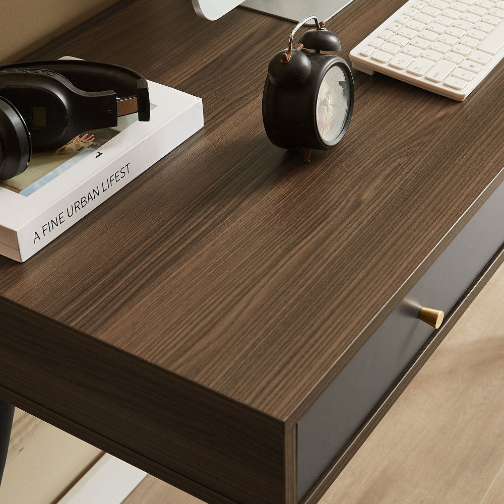 Mid Century Desk , Modern Writing Study Desk with Drawers, Multifunctional Home Office Computer Desk Walnut+Dark Grey