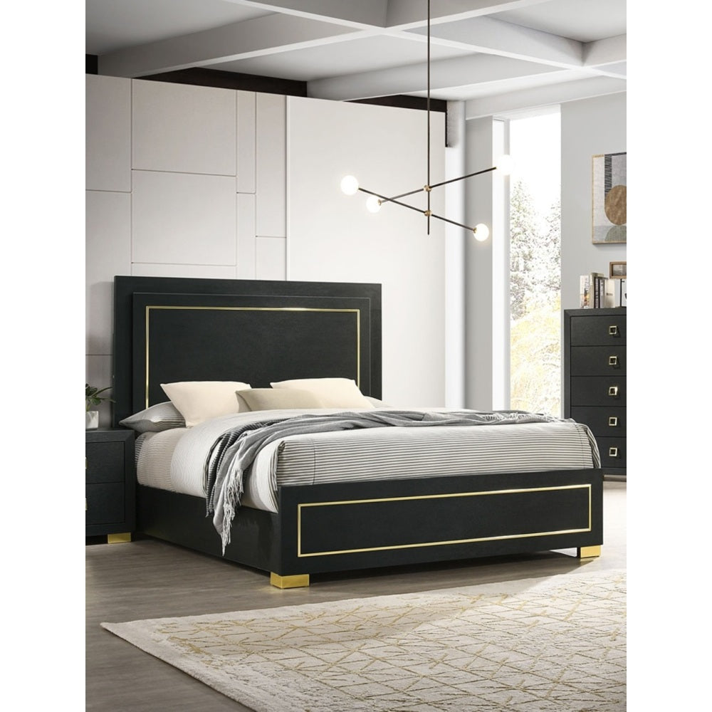 Contemporary Style 3pc Bedroom Set Queen Size Bed And 2x Nightstands Black Wood Gold Accent Legs