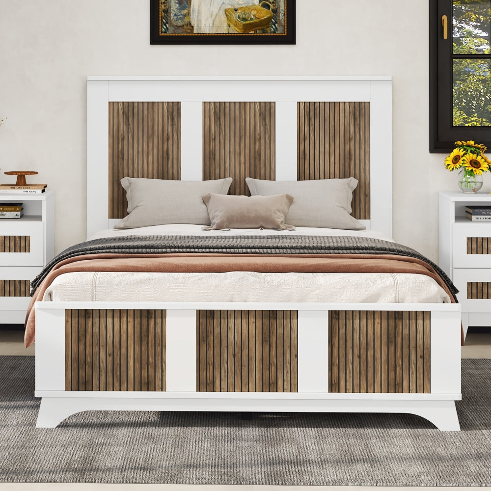 4-Pieces Bedroom Sets, Queen Size Farmhouse Platform Bed with Wooden Strip Stickers Decoration, Storage Nightstand and Dresser with Metal Handle, White