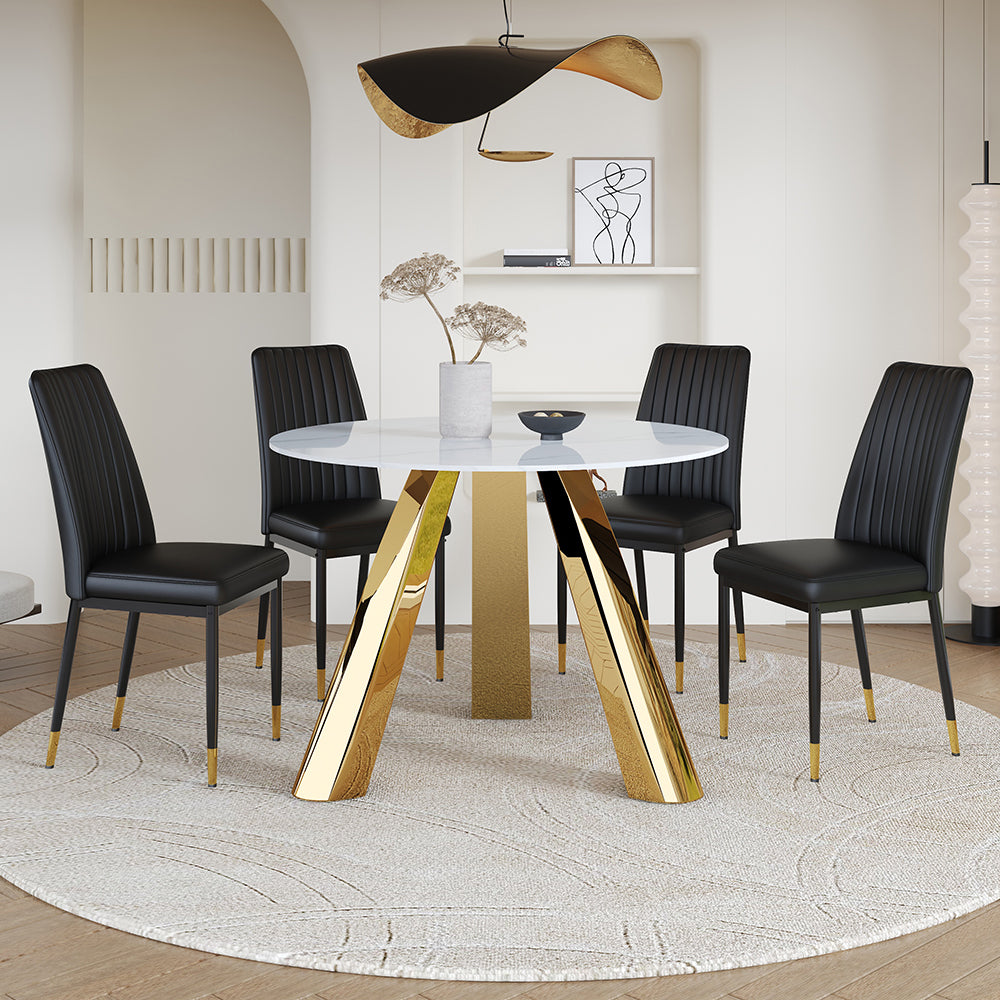 42-inch Sintered Stone Dining Table and Chair Set Mirror-polished Stainless Steel Base 4 Black PU Chairs Modern Luxury Round Dining Table Series