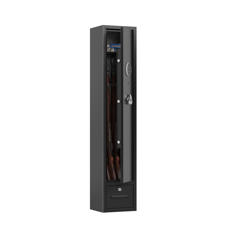 4 - Gun Capacity Rifle Safe. Holds Rifles, Pistols, Shotguns. Digital Lock for Quick Access. Removable Shelf. Special Gun Rack for Scoped Rifles. Plus, a Handy Storage Drawer