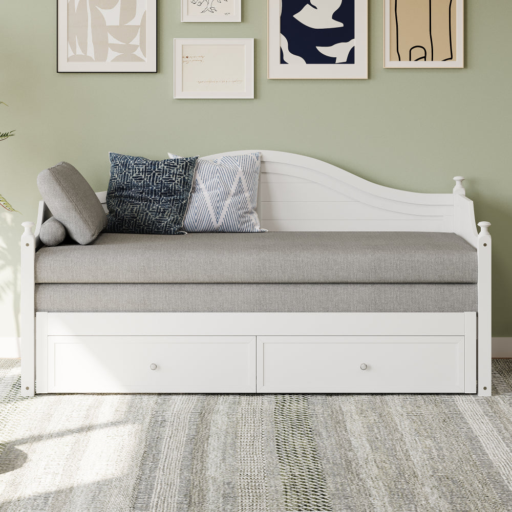 Twin Size Wood Daybed Extended Bed with Storage Drawers Wooden Sofa Bed for Living Room Guest Room, White (Old SKU:BS701P210919K)