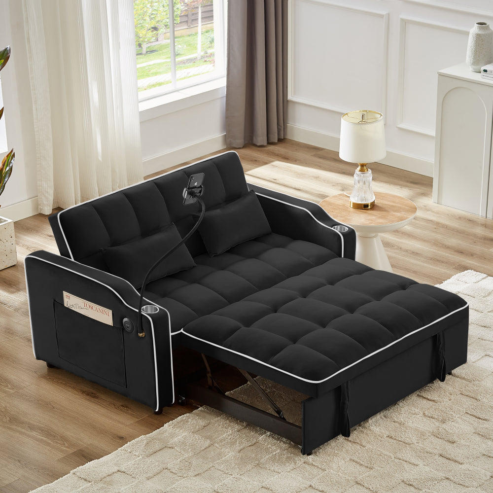 1 versatile foldable sofa bed in 3 lengths, modern sofa sofa sofa velvet pull-out bed, adjustable back and with USB port and ashtray and swivel phone stand (pink)