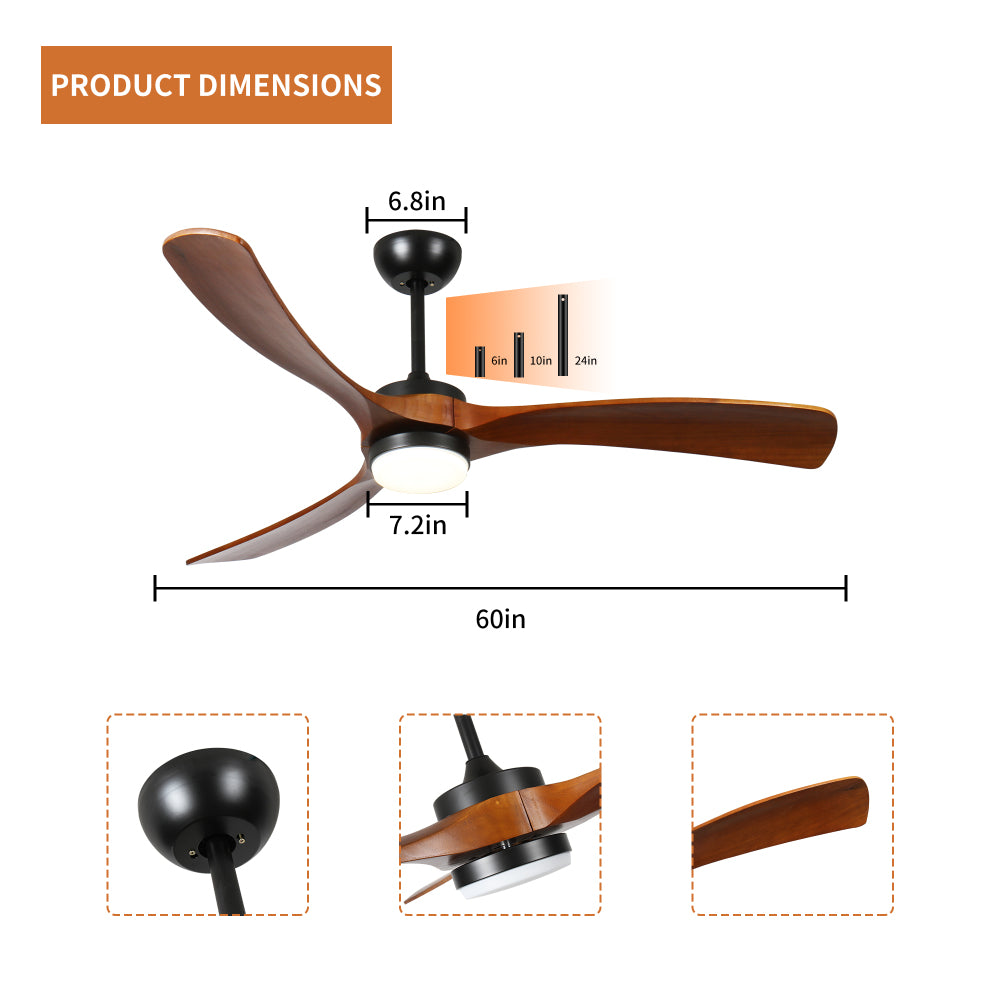 60-inch 3-blade solid wood ceiling fan light