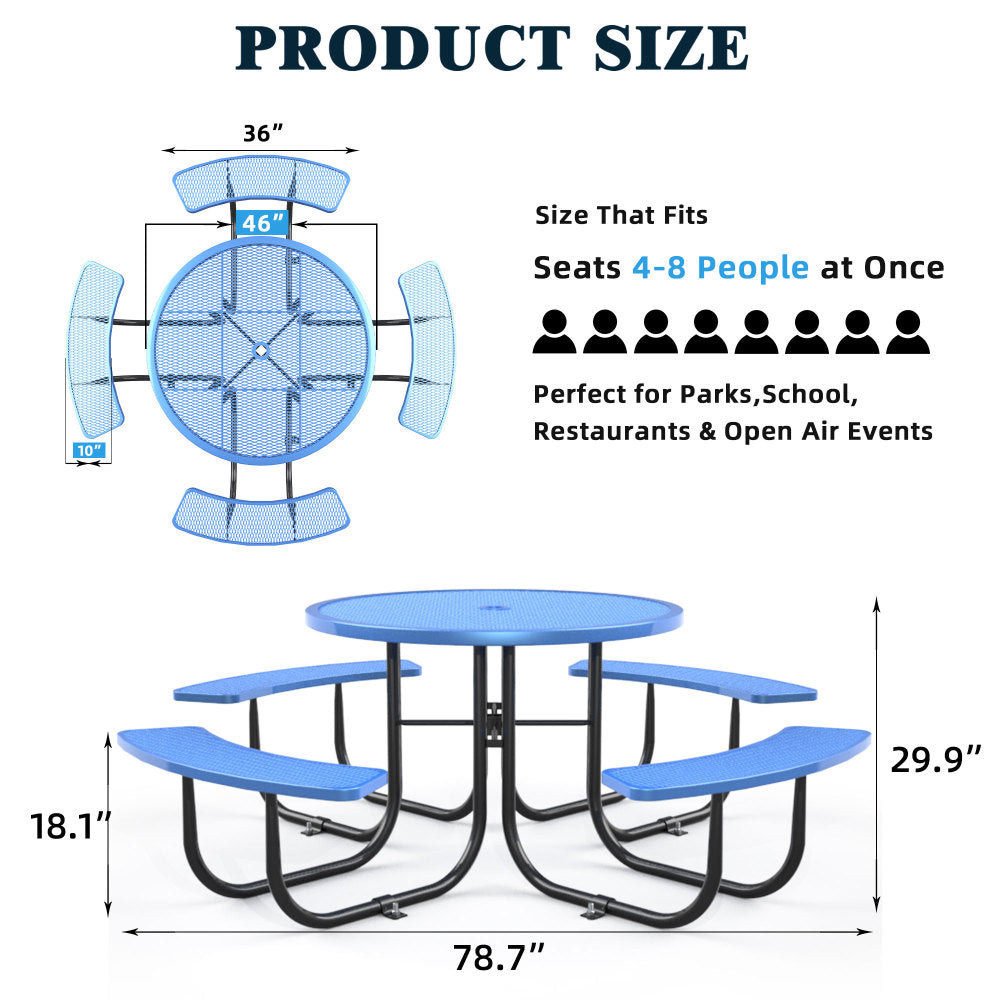 Round Outdoor Steel Picnic Table 46" with umbrella hole,Blue