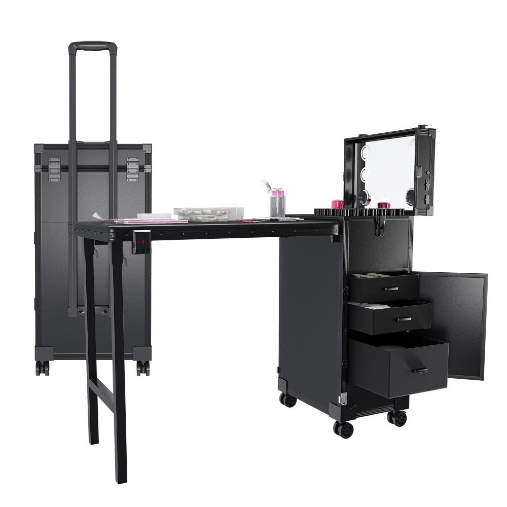 Portable Nail Art Table w/ LED Mirror, Bluetooth, Lockable Drawers, Telescopic Pole - Folding Manicure Station for Salons (Black)