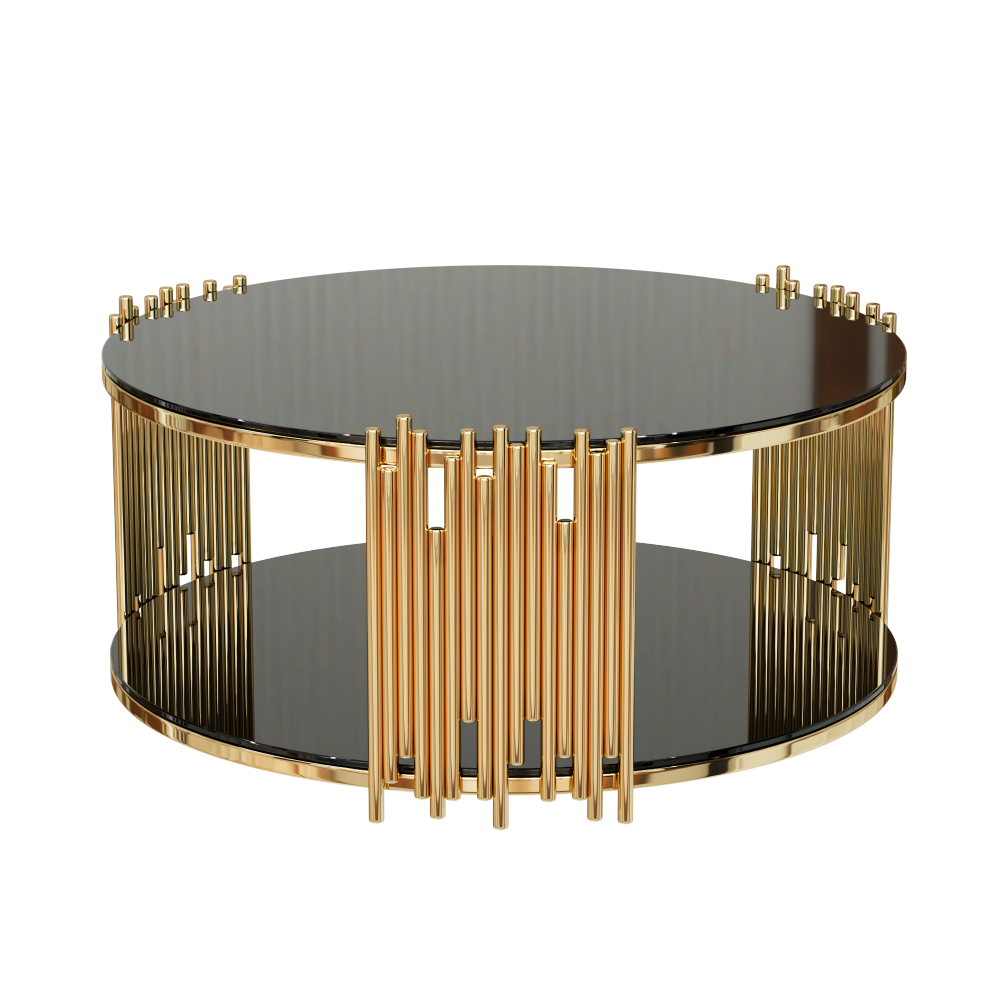 Modern minimalist light luxury style stainless steel circular coffee table, black tempered glass countertop, living room coffee table