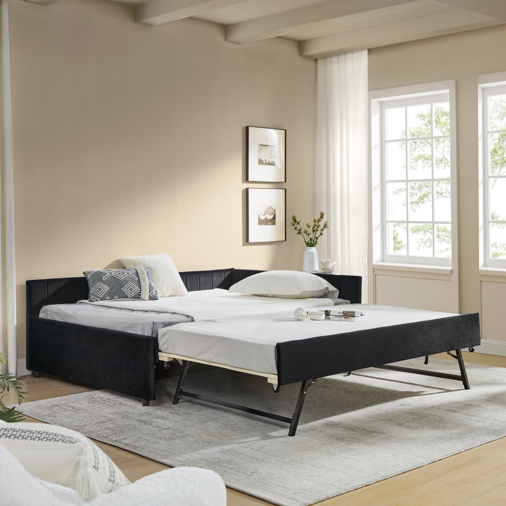 Full Size Upholstered Tufted Bed Frame with Two Drawers, Sofa Bed Frame with Comfortable Backrest and Armrests, Velvet, Black(79.5''x58''x25'')