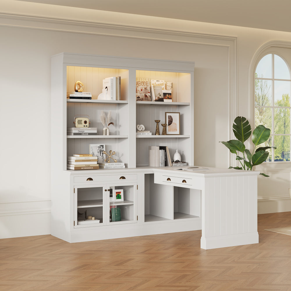 83.4"Tall Bookshelf with Writing Desk, Modern Bookcase with Study Desk, Workstation with Storage Shelf,Storage Bookcase with Open Shelves and LED Lighting for Living Room,Home Office,White