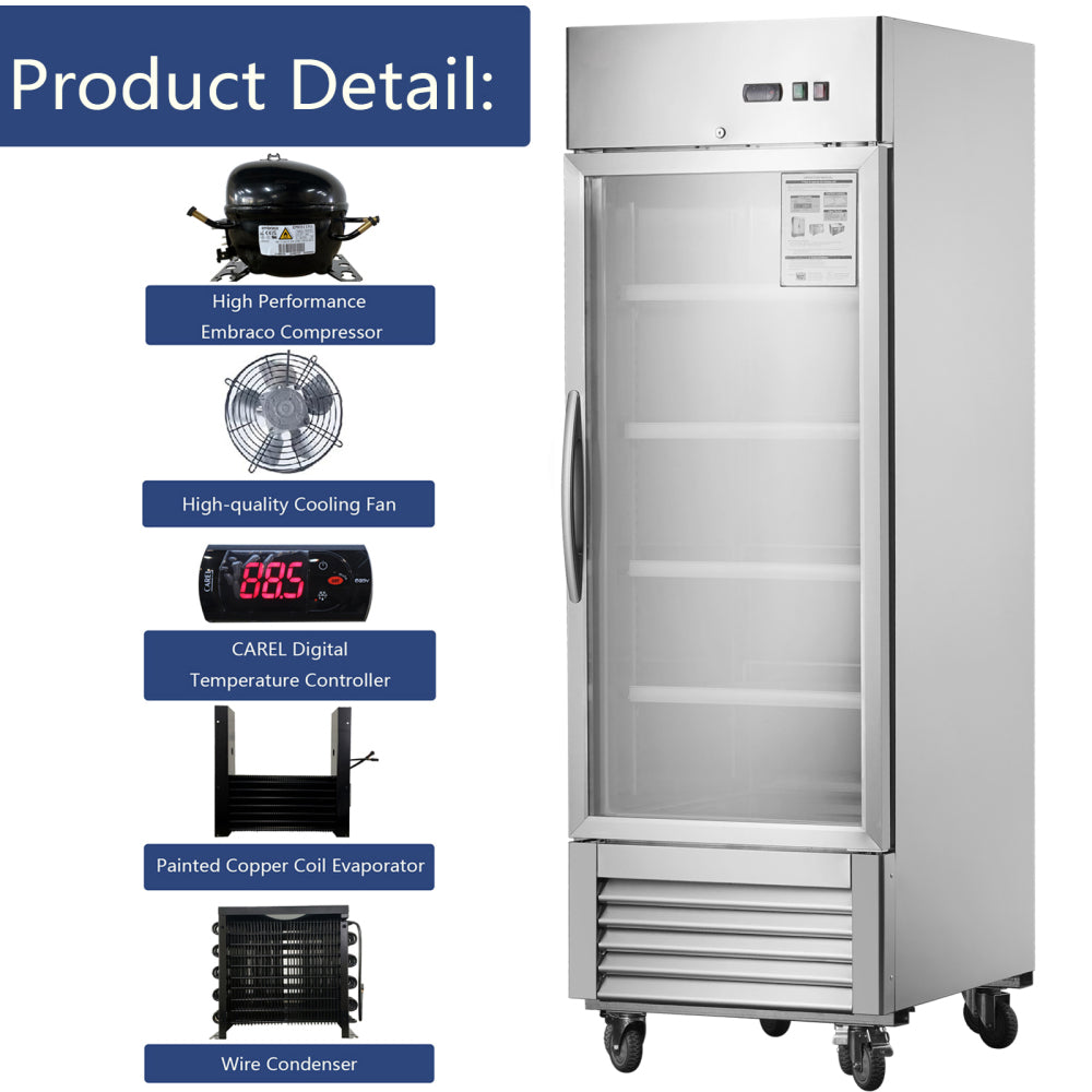 27"W Commercial Refrigerator 1 Glass Door Stainless Steel Interior and Exterior Construction Display Refrigerator 18.68 Cu.ft. Reach-in Merchandising Refrigerator Upright Fan Cooling Merchandiser