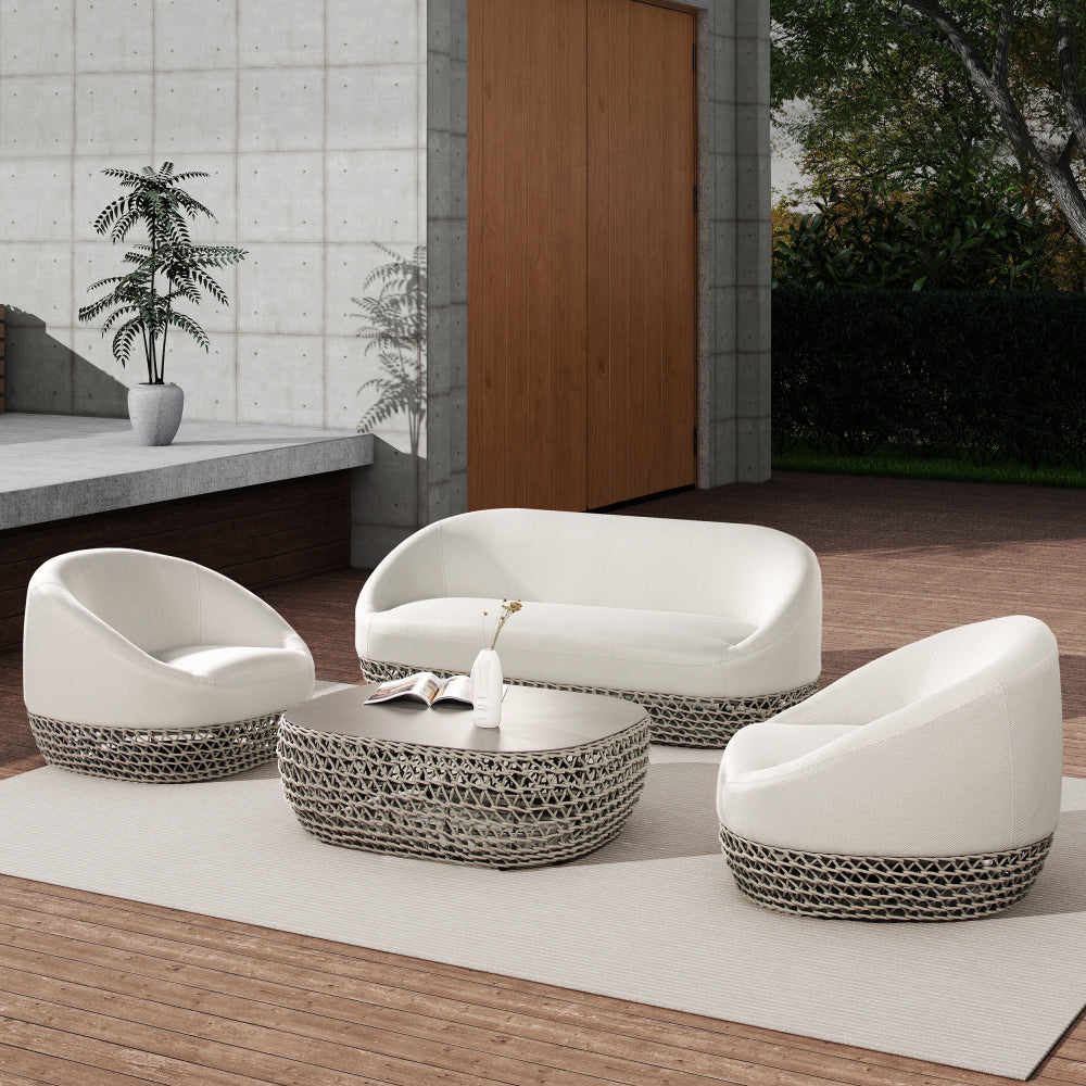 Willow 40.5" Oval Woven Patio Coffee Table, Golden Brown Wicker Frame, Wheat Beige