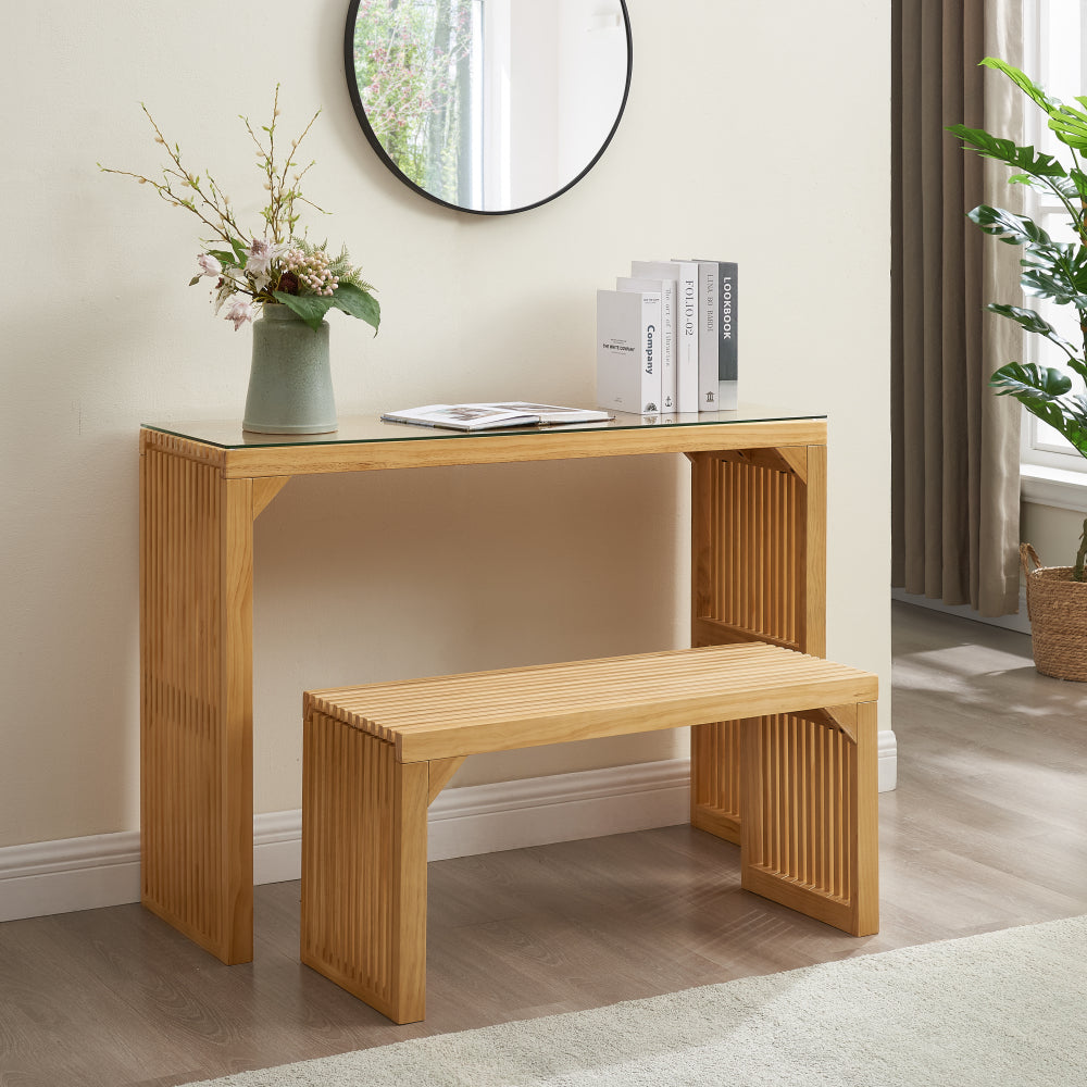 Natural Pine Dining Long Bench and Table Set – Versatile Indoor Wood Furniture for Entryway, Living Room, Kitchen, and Bedroom – Includes Small Tempered Glass Top