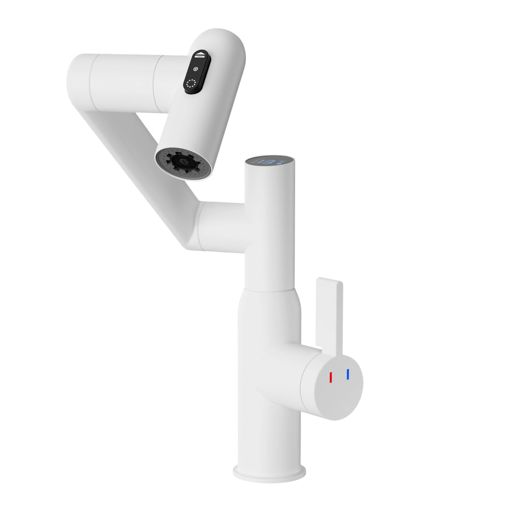 Bathroom Sink Faucet with Spray Function, Temperature Display, Anti-Slip Switch, Hot & Cold Controls, and 360° Swivel Spout