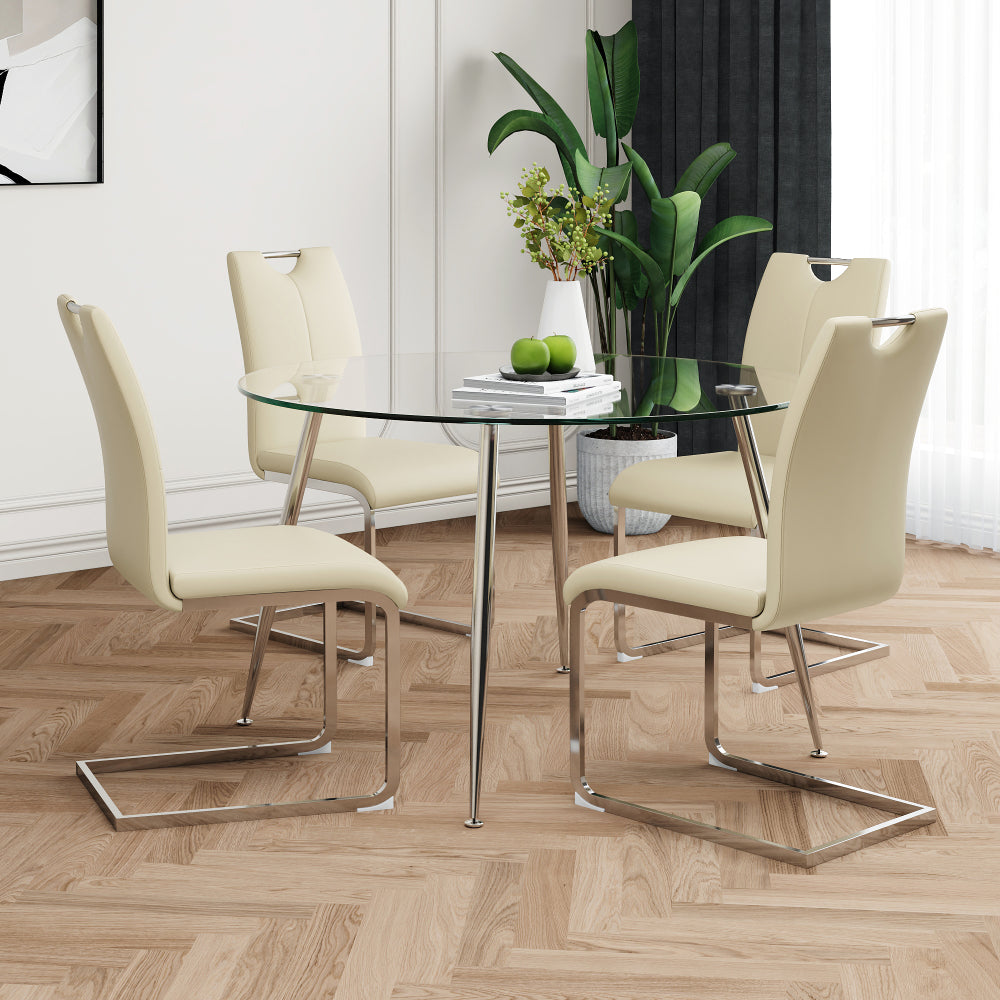 Modern simple round glass dining table, wear-resistant tempered glass countertop, gold-plated legs, grey PU dining chair set, suitable for restaurant kitchen use (set of 5)