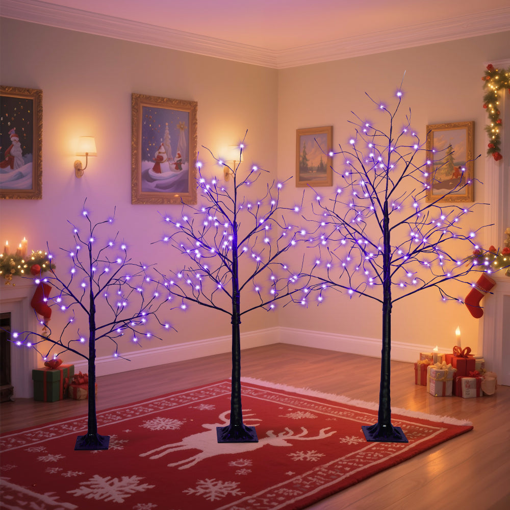 3 Pac Halloween Spooky Tree with Purple Lights, 4FT 5FT and 6FT, Lighted Black Tree for Halloween Decoration