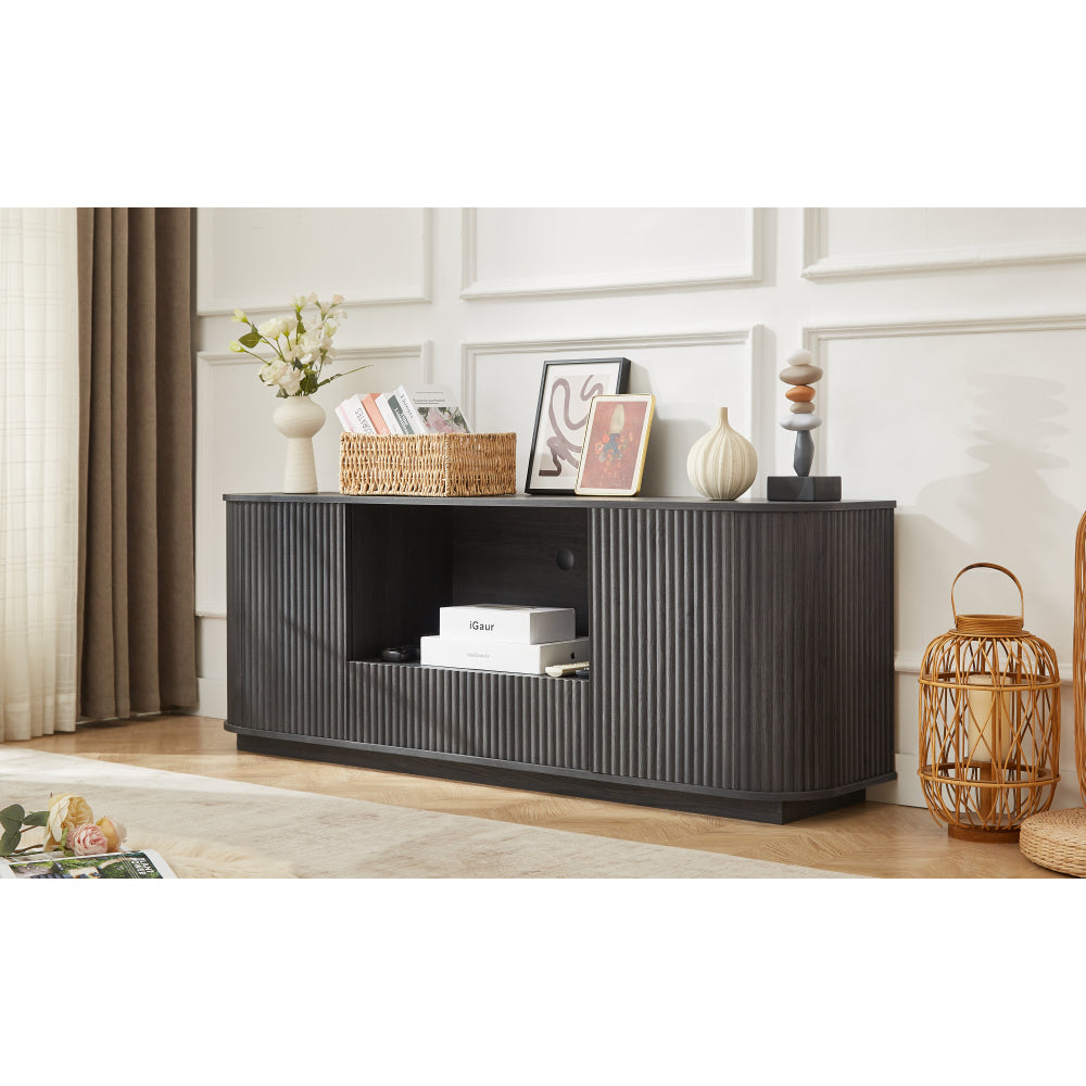 64-Inch Wavy TV Stand, Rounded Sideboard, Storage Cabinet, Wooden Vertical Stripe Cabinet for Living Room/Bedroom/Entryway. Black,64''W x 15''D x 24''H.