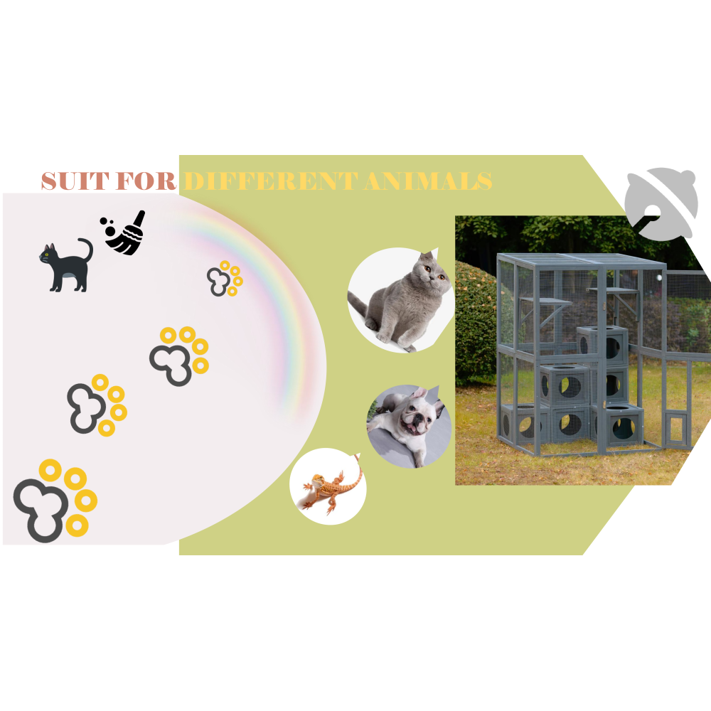 Catio Outdoor Cat Enclosure with Double Enter Doors, Grey Climbing shelves, Weatherproof Pine Wood Playground with 7 Freely Combination Wood Boxes