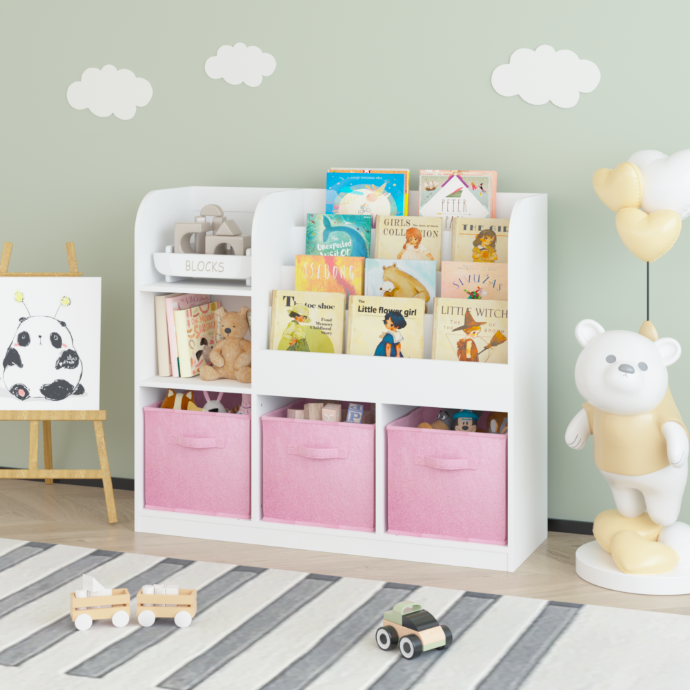 Kids Bookcase and Bookshelf, Multifunctional Bookcase with 3 Collapsible Fabric Drawers, Bookcase Display Stand, Toy Storage Organizer for Bedroom, Playroom, Hallway (White/Pink)