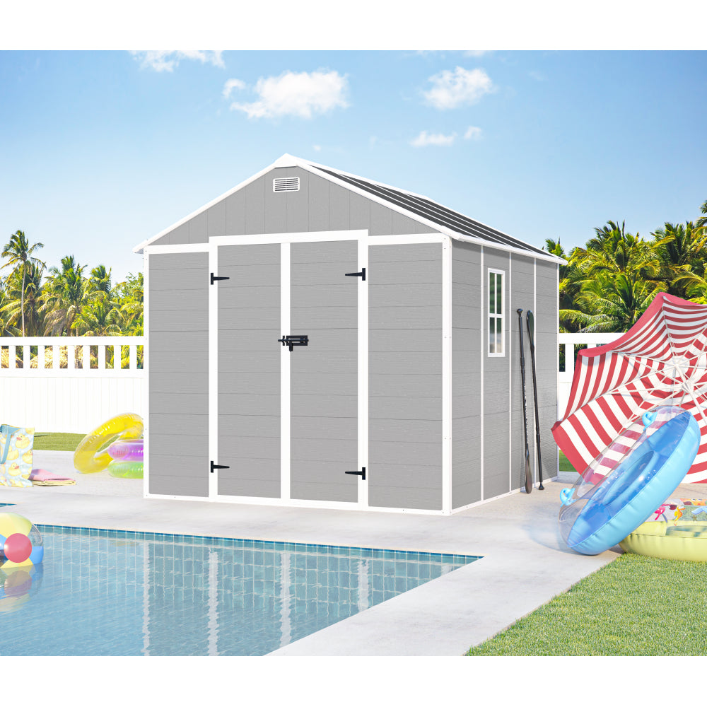 Campcraft 6*5ft resin storage shed, high quality pp material, strong structure, waterproof, rust and UV proof, large storage space, 12mm thick pp board, HD window lighting