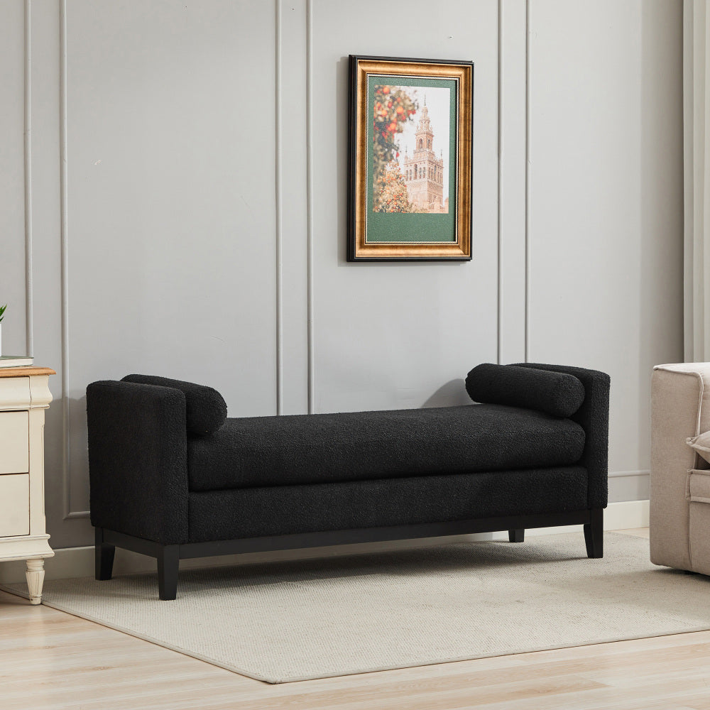 66.34"W Elegant Upholstered Bench,Daybed, Ottoman with Wood Legs & 2 Bolster Pillows for End of Bed, Bedroom, Living Room, Entryway,Ivory Boucle