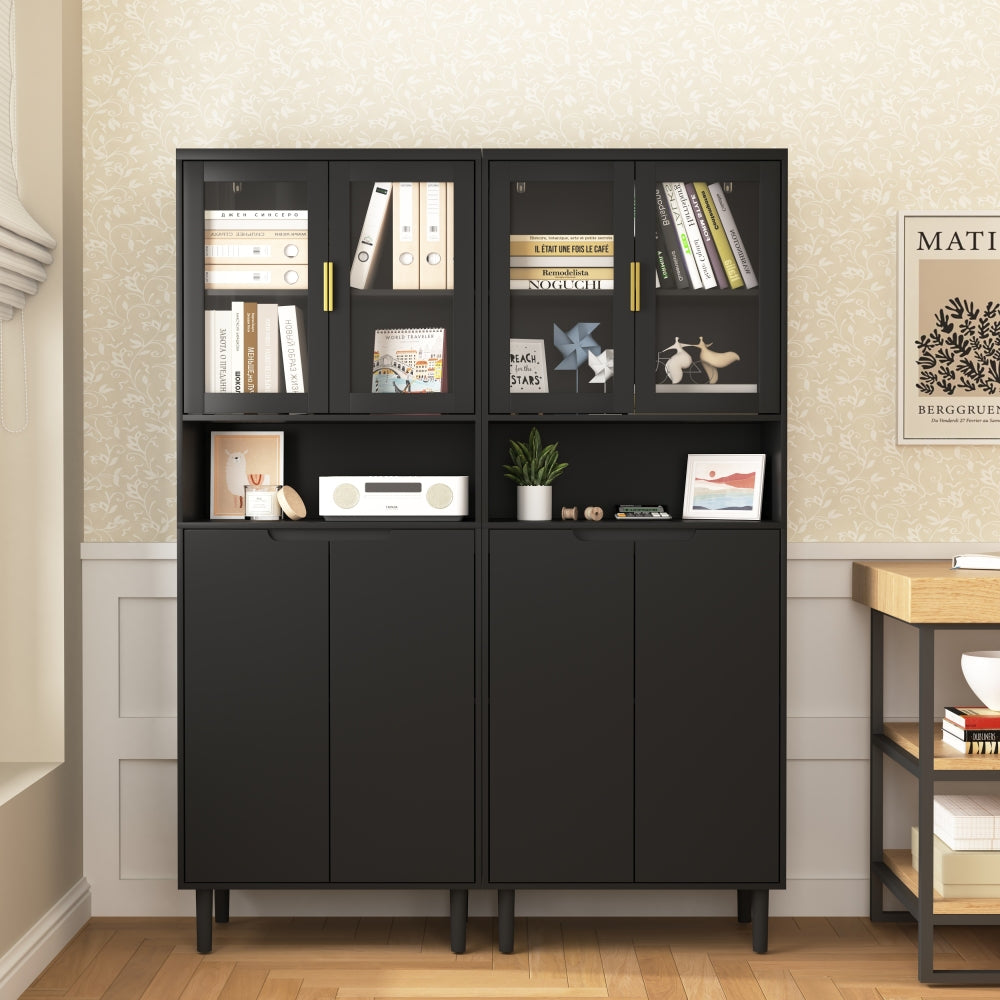 Tempered Glass Door Tall Storage Bookcase with adjustable board, 4 doors MDF painting finished cabinet, Black, Living room Bedroom storage
