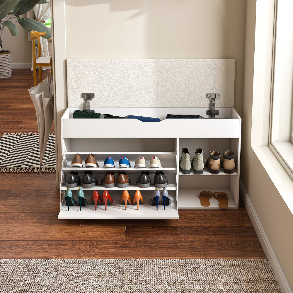 Entryway Bench with Shoe Storage,Adjustable 3-Tier Flip-Up Drawers & Hidden Cabinet,Space-Saving Shoe Organizer,Triple Storage and Modern Design,for Hallway and Living Room,White