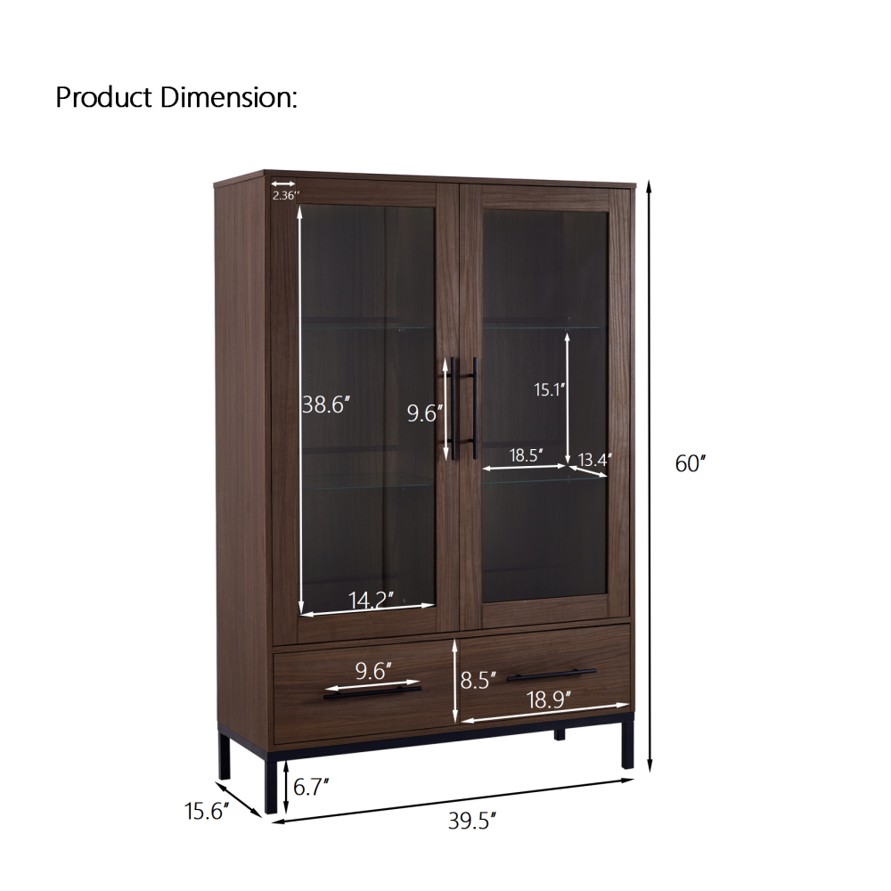60'' Tall Display Cabinet with 2 Storage Drawers, Pantry with Glass Door & LED Lighting, Farmhouse Storage Cabinet with 4-Tier Adjustable Glass Shelves for Living Room, Hallway, Office, Study - Walnut