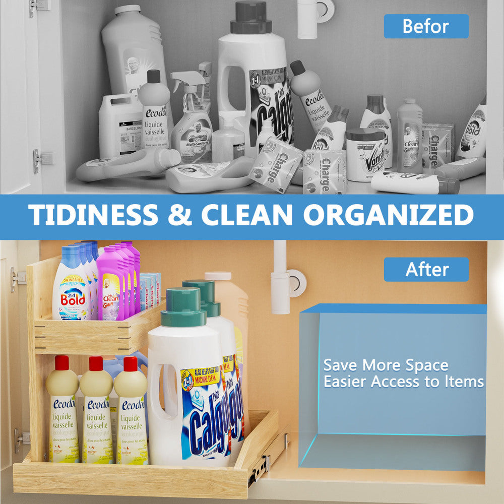 Under Sink Organizers and Storage 22½" W x 21" D, 2 Tier Pull Out Cabinet Organizer with Soft Close, Adjustable Pull Out Cabinet organizer with U Bracket for Bathroom Kitchen(Left)