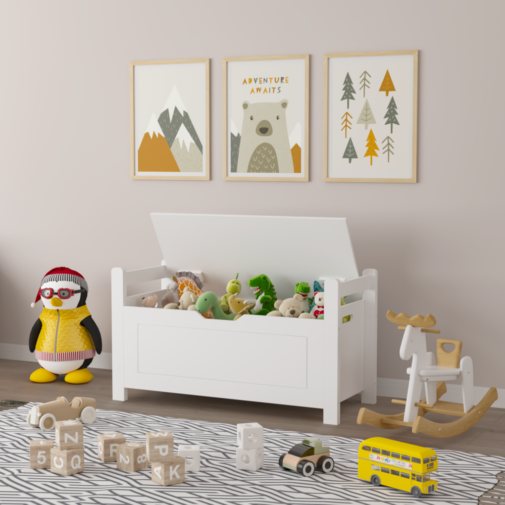 Kids Toy Box Chest, White Toy Box for Boys Girls, Large Storage Cabinet with Cushion Seat Bench/Flip-Top Lid/Safety Hinge, Toy Storage Organizer Trunk for Nursery, Playroom