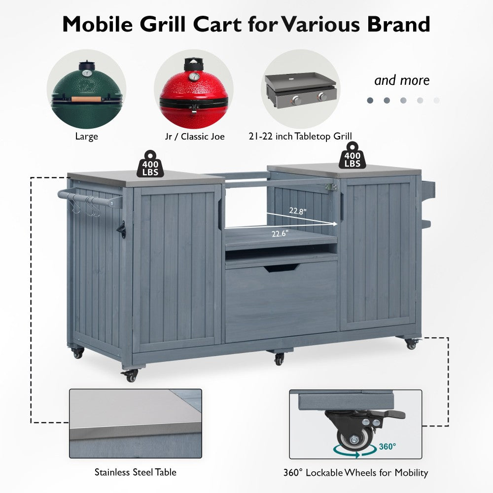K&K 66.5" Outdoor Kitchen Island for Big Green Egg Grills, Solid Wood Outdoor Grill Cart for Tabletop Grill with Stainless Steel Top, Drawer, Compatible with Large Big Green Egg, Kamado Joe- Grey Blue
