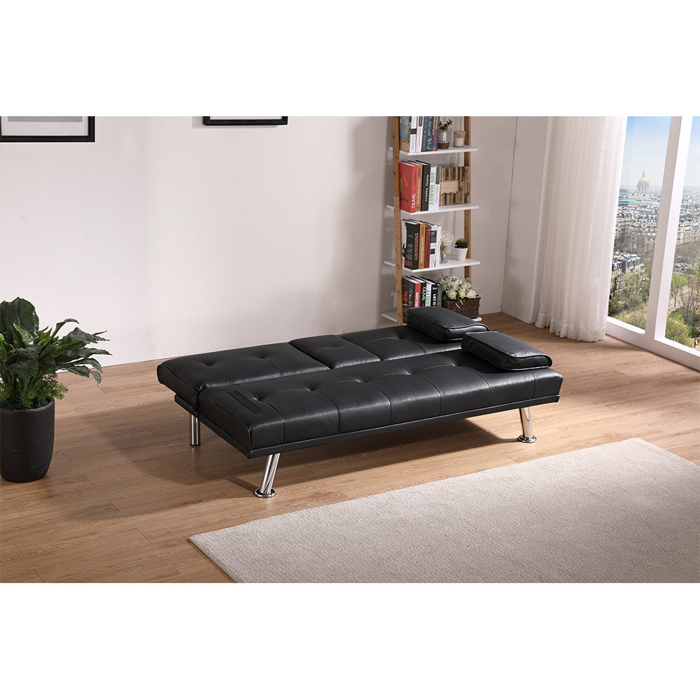 Black Leather Office Double Folding Sofa Bed with Matching Coffee Table, Multifunctional Design