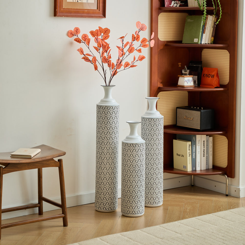 Floor Metal Vases Decorated White Metal vases Set of 3 gorgeous home decoration large glazed metal vases 24in/28.7in/33.5in height
