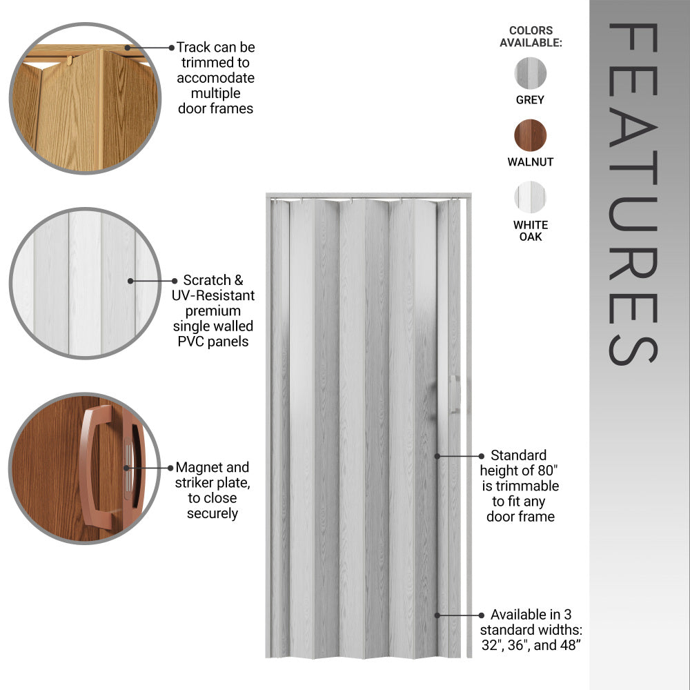 36" W PVC Foldable Accordion Doors or Privacy Room Divider for Internal Use, White